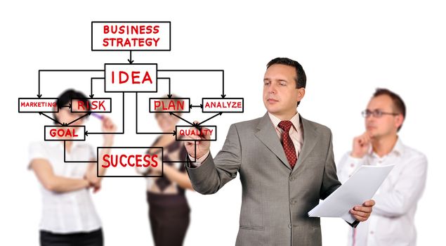 businessman drawing business strategy  and people on background