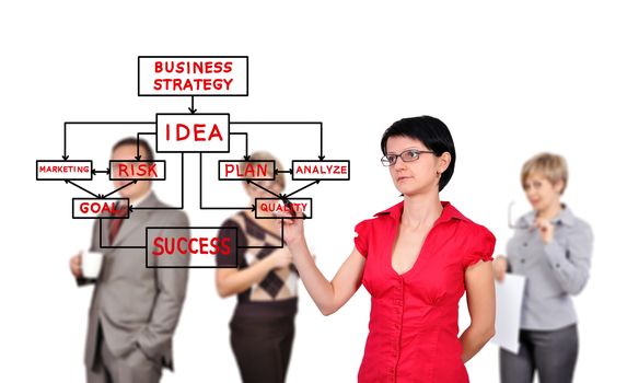 businesswoman drawing business strategy  and people on background
