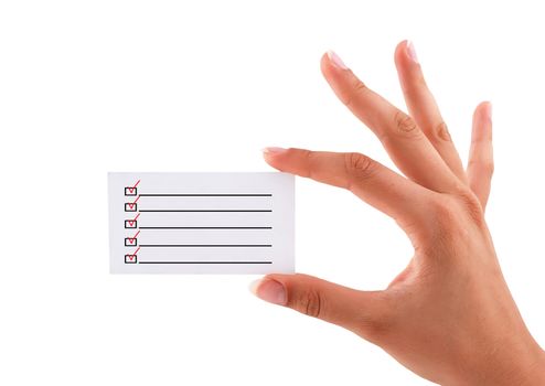 business card with checkbox in hand