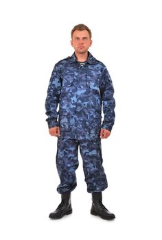 man in camouflage clothing on a white background