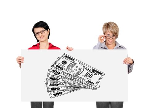 two woman holding poster with drawing dollars