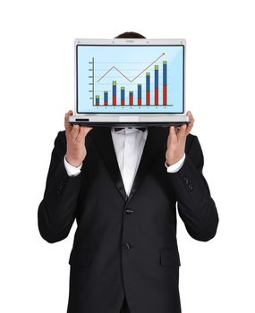 businessman in  tuxedo holding notebook  wirth chart