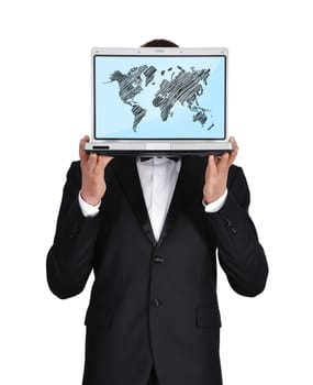 businessman in tuxedo holding laptop wirth world map