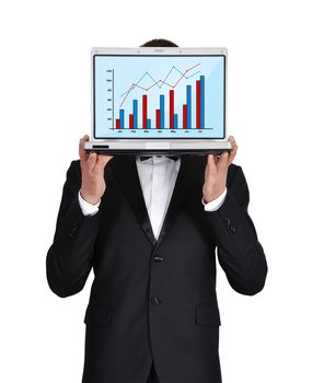 businessman in tuxedo holding laptop wirth chart