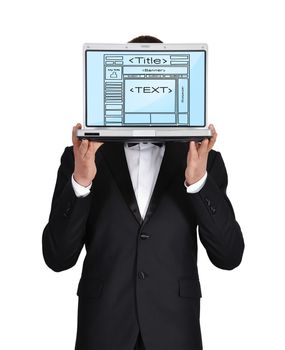businessman holding laptop with template web page