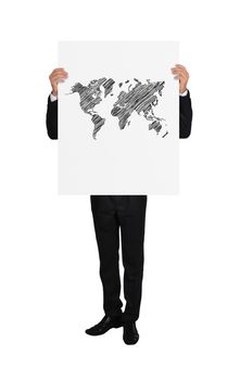 businessman in tuxedo holding placard with world map