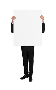 businessman in tuxedo holding blank placard