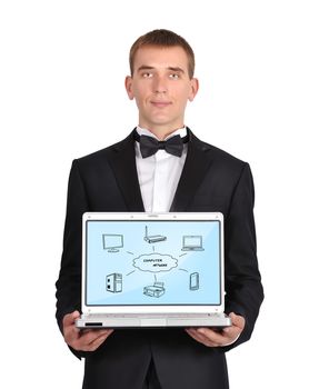 businessman holding a laptop with wireless scheme