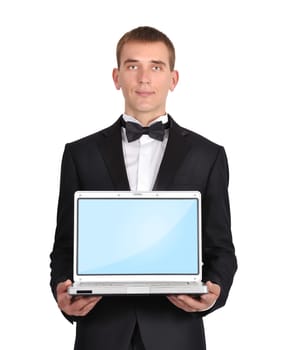 businessman holding a laptop instead of a head