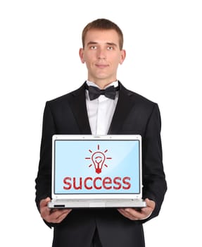 businessman holding laptop wirth success symbol