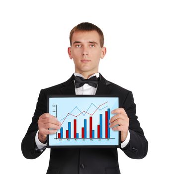 businessman holding tablet with graph