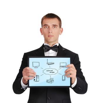 businessman in tuxedo holding tablet with computer network