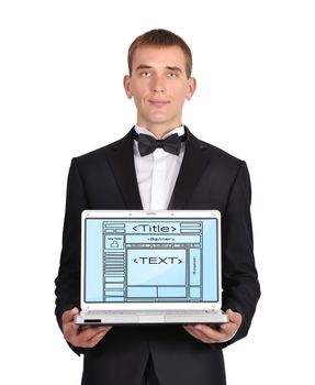 young businessman holding laptop with template web page