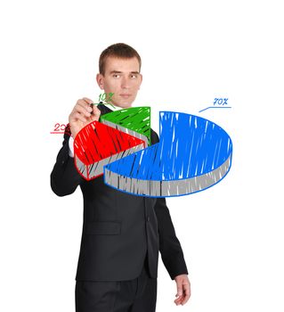 businessman in tuxedo drawing chart of profits