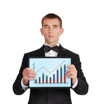 businessman holding tablet with graph