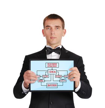 businessman in tuxedo holding touch pad with  business strategy
