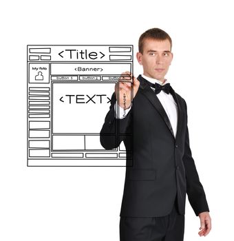 businessman in tuxedo drawing template web page