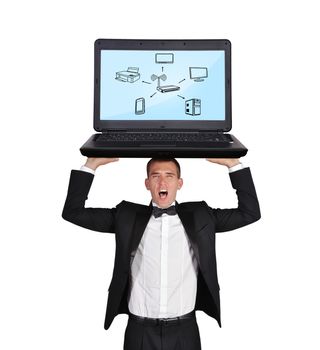businessman screaming with laptop and computer network on screen