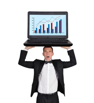 businessman screaming holding laptop wirth chart