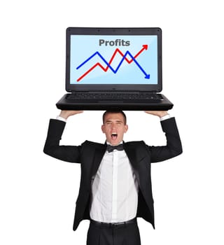 businessman screaming holding laptop wirth chart