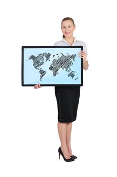young woman holding plasma with world map