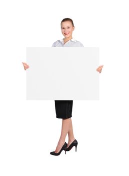 businesswoman holding blank billboard  on a white background