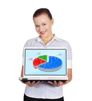 woman holding notebook with pie chart on a white background