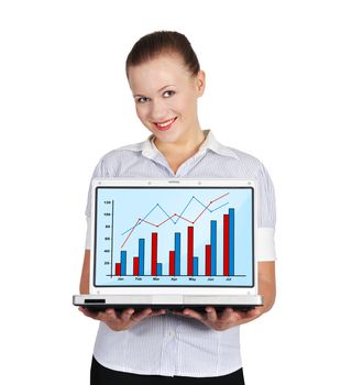 girl holding notebook with chart on a white background