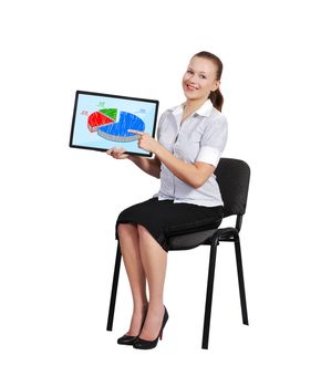 woman sitting on chair with touch pad with graph