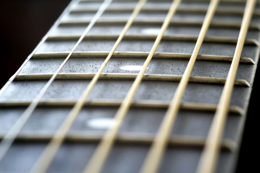 Closeup of a quality acoustic quitar fretboard