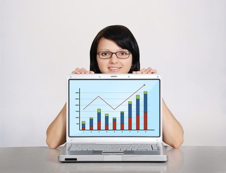 woman and notebook with graphic on a white background