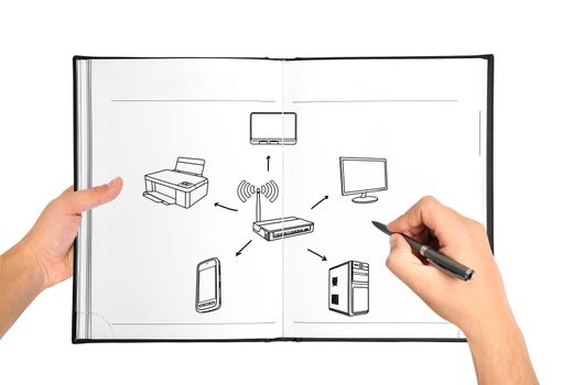 hand drawing computer network in book
