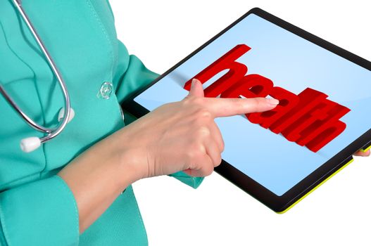 female doctor  holding touchpad with health text