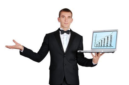 businessman in tuxedo holding laptop wirth chart