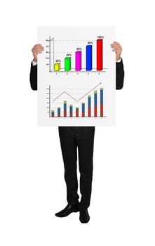 businessman holding a placard with two chart