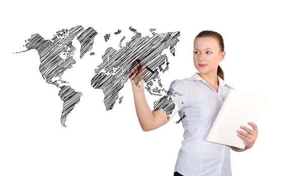 woman drawing a map on a glass window in an office