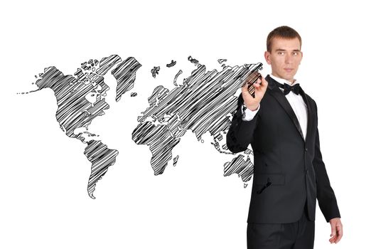 businessman in tuxedo drawing world map