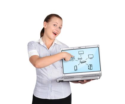 woman holding laptop with computer network