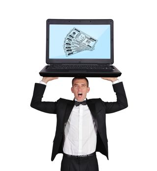 businessman screaming with laptop and money  on screen