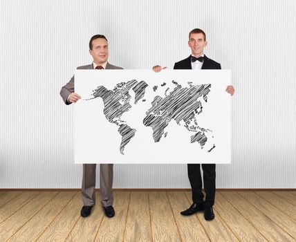 two businessman holding poster with world map