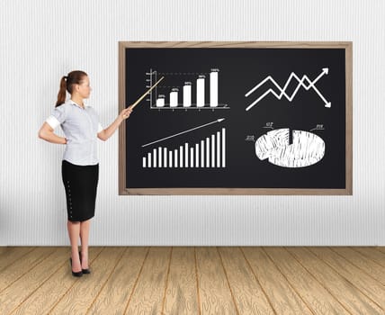 businesswoman in office pointing at charts