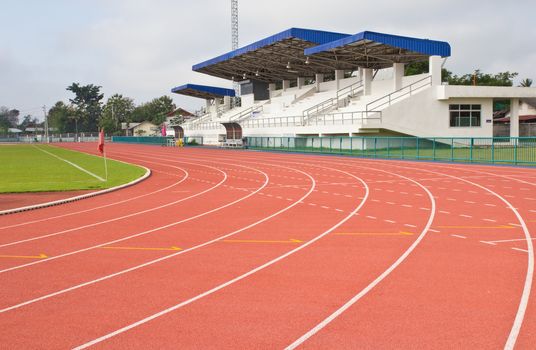 Stadium track and field area empty on a sunny day