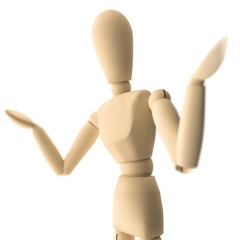 A CGI image of a wooden mannequin posing on a white background.