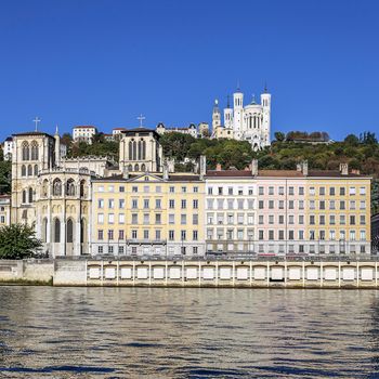 View of Lyon city with famous basilica, France