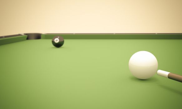 A white ball in the center of a pool table aiming at the 8 ball near the left corner pocket.