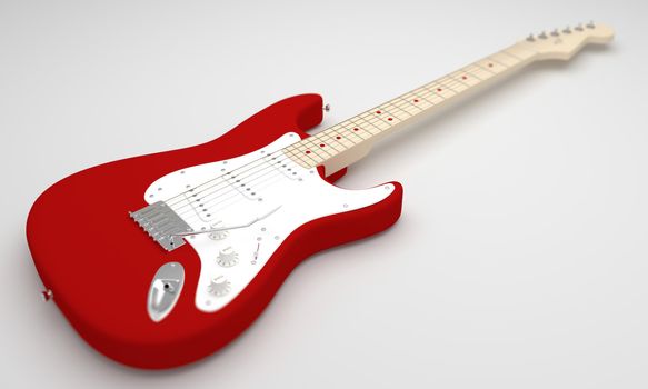 A CGI image of a red and white electric guitar on a white background.