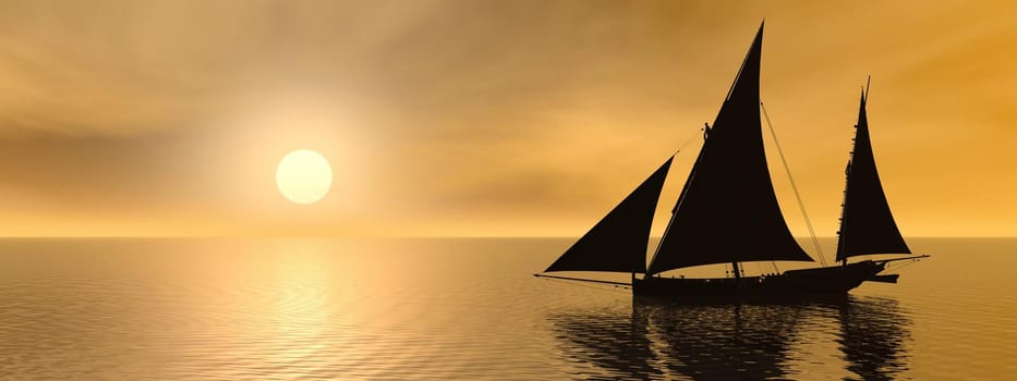 A boat with sails on the sea