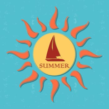 vintage label with text summer in drawn yellow sun with boat and orange rays over blue old paper background