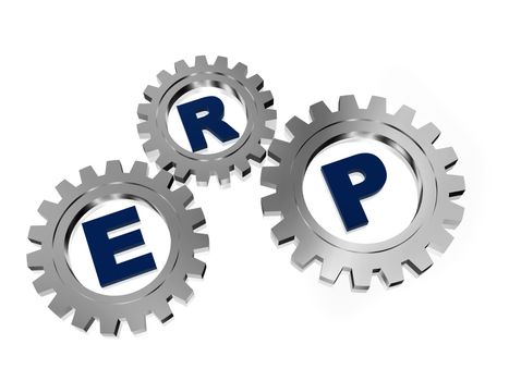ERP, enterprise resource planning systems � 3d letters and silver grey gearwheels, business concept