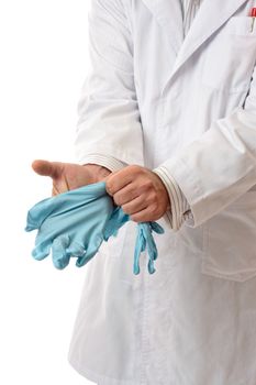 Doctor, surgeon or scientist putting on gloves personal protective equipment.